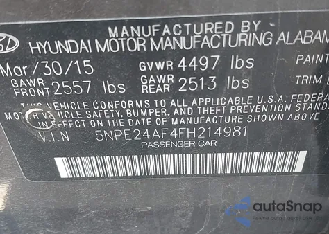 2015 Hyundai Sonata Se z USA, uszkodzony, nr VIN 5NPE24AF4FH214981
